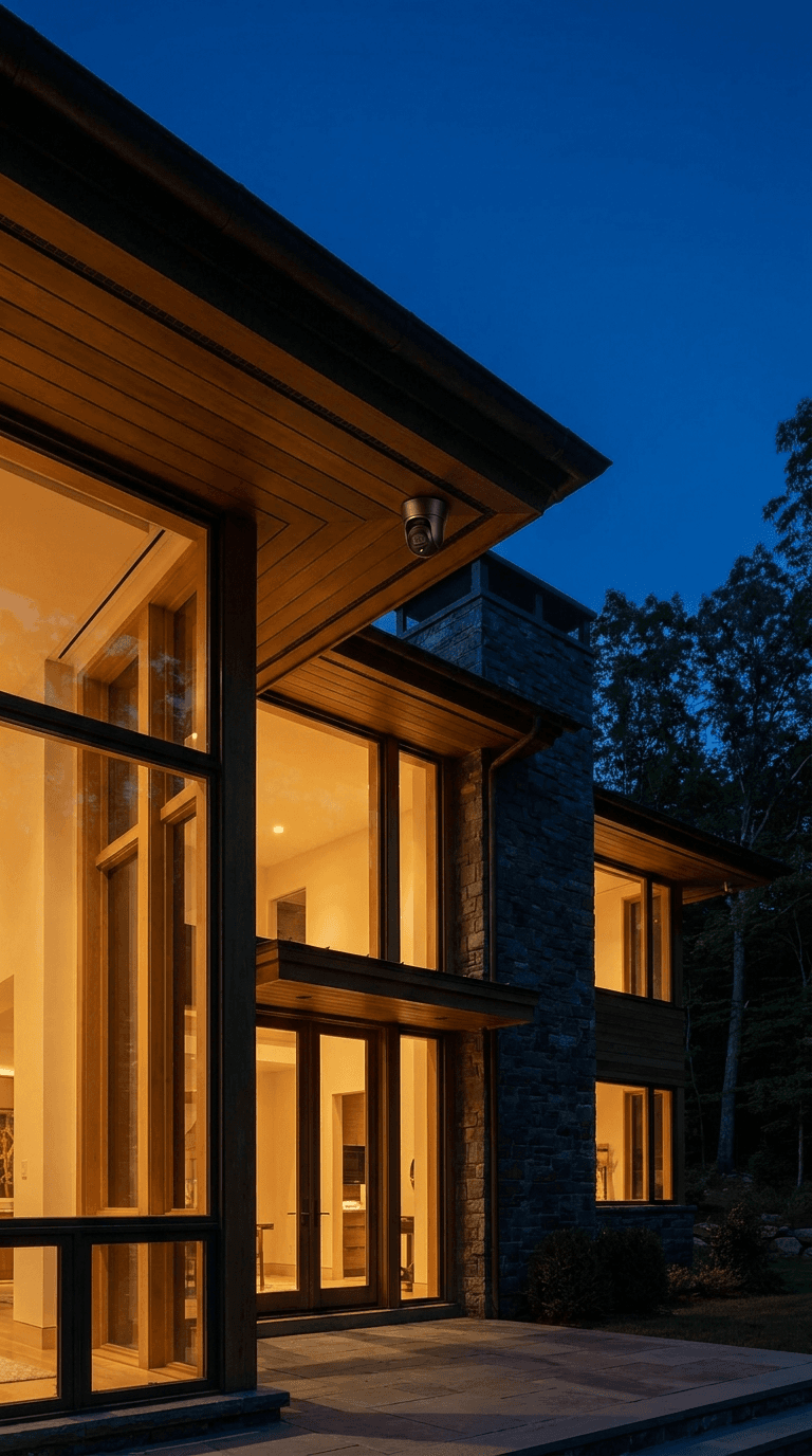 A Connecticut home at blue hour with warm window light and a security camera on the eave