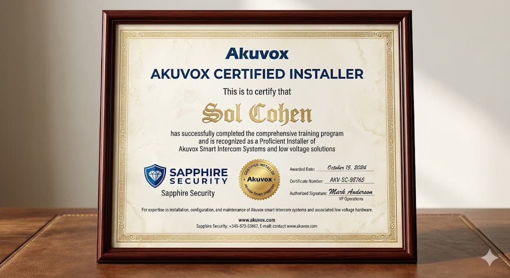 Akuvox Certified Installer certificate awarded to Sol Cohen of Sapphire Security, October 15 2024, certificate number AKV-SC-98765.